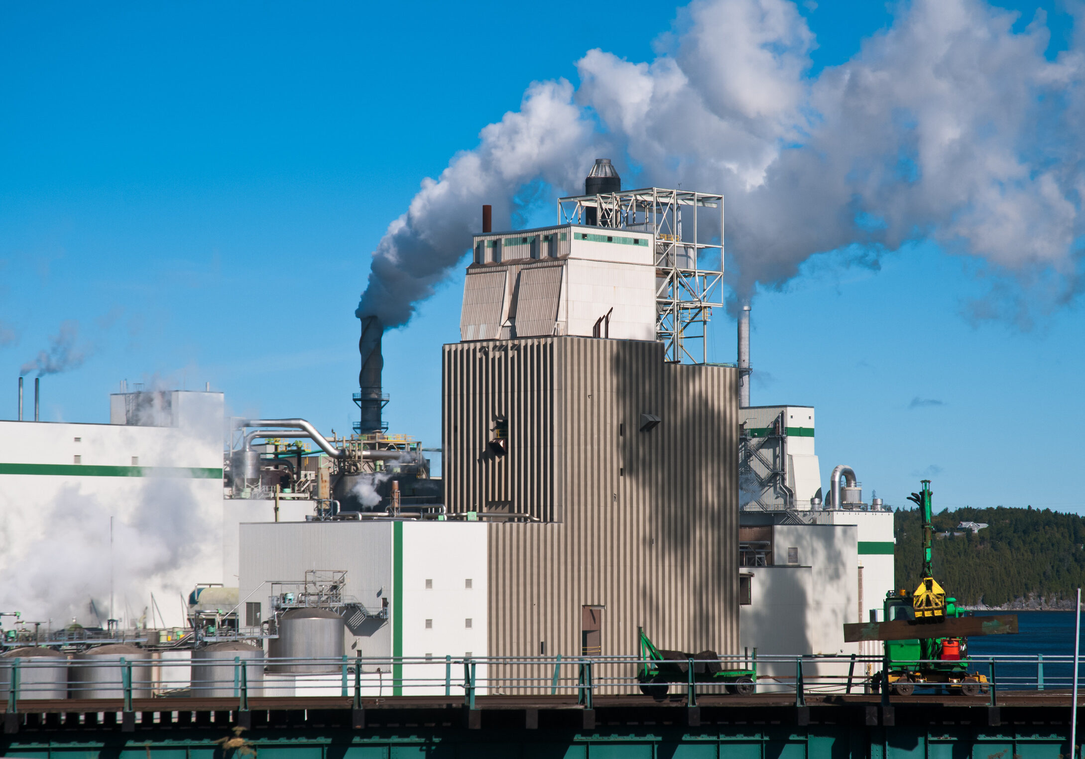 Plumes of steam rise from a pulp paper mill in St. John, New Brunswick